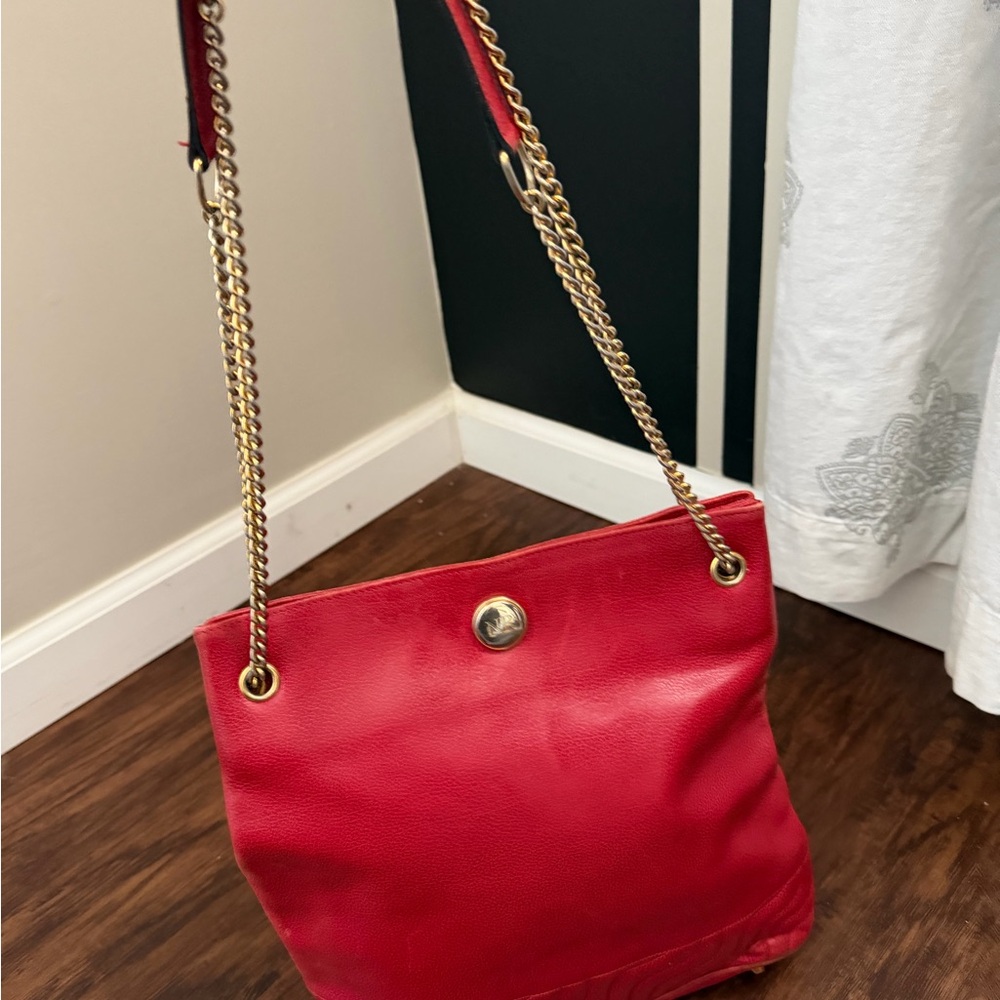 Nina Ricci Red Leather Shoulder Bag with Gold Chain